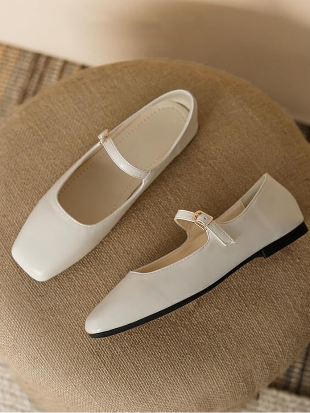 Amazon Square Toe Cream Mary Jane Flats with Gold Buckle